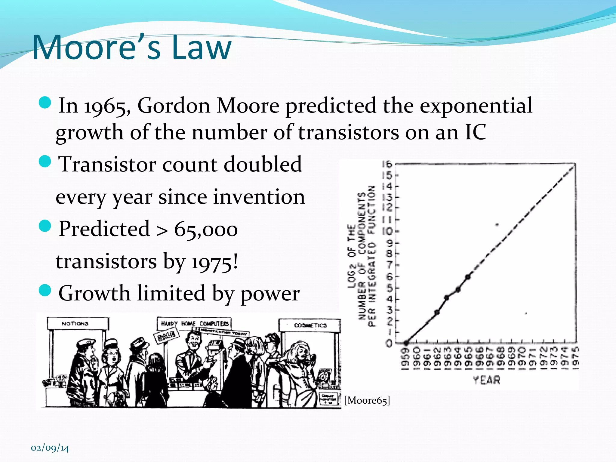 Moore’s Law
In 1965, Gordon Moore predicted the exponential

growth of the number of transistors on an IC
Transistor count doubled
every year since invention
Predicted > 65,000
transistors by 1975!
Growth limited by power

[Moore65]

02/09/14

 