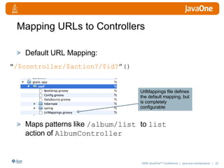 Mapping URLs to Controllers Default URL Mapping: Maps patterns like  /album/list  to  list  action of  AlbumController " /$controller/$action?/$id? ”() UrlMappings file defines the default mapping, but is completely configurable 