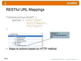 RESTful URL Mappings Maps to actions based on HTTP method " /$controller/$id? " { action =  [GET:"show", POST:"update", PUT:"save"] } Defined in URLMappings.groovy file 