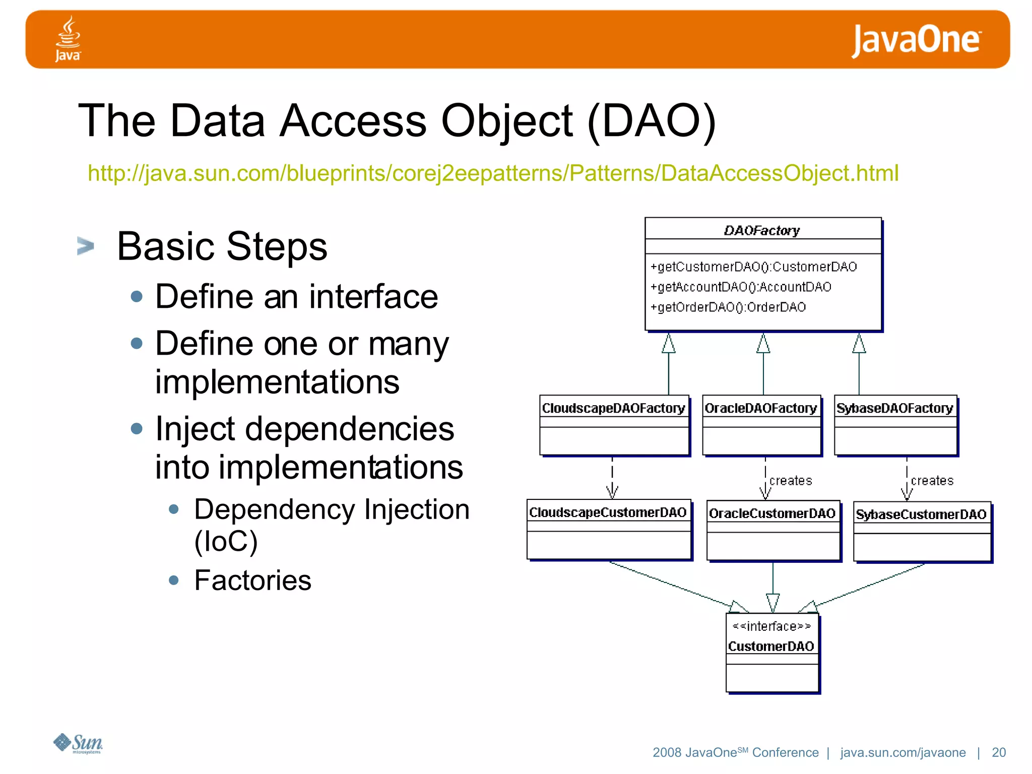 The Data Access Object (DAO) Basic Steps Define an interface Define one or many implementations Inject dependencies into implementations Dependency Injection (IoC) Factories http://java.sun.com/blueprints/corej2eepatterns/Patterns/DataAccessObject.html 