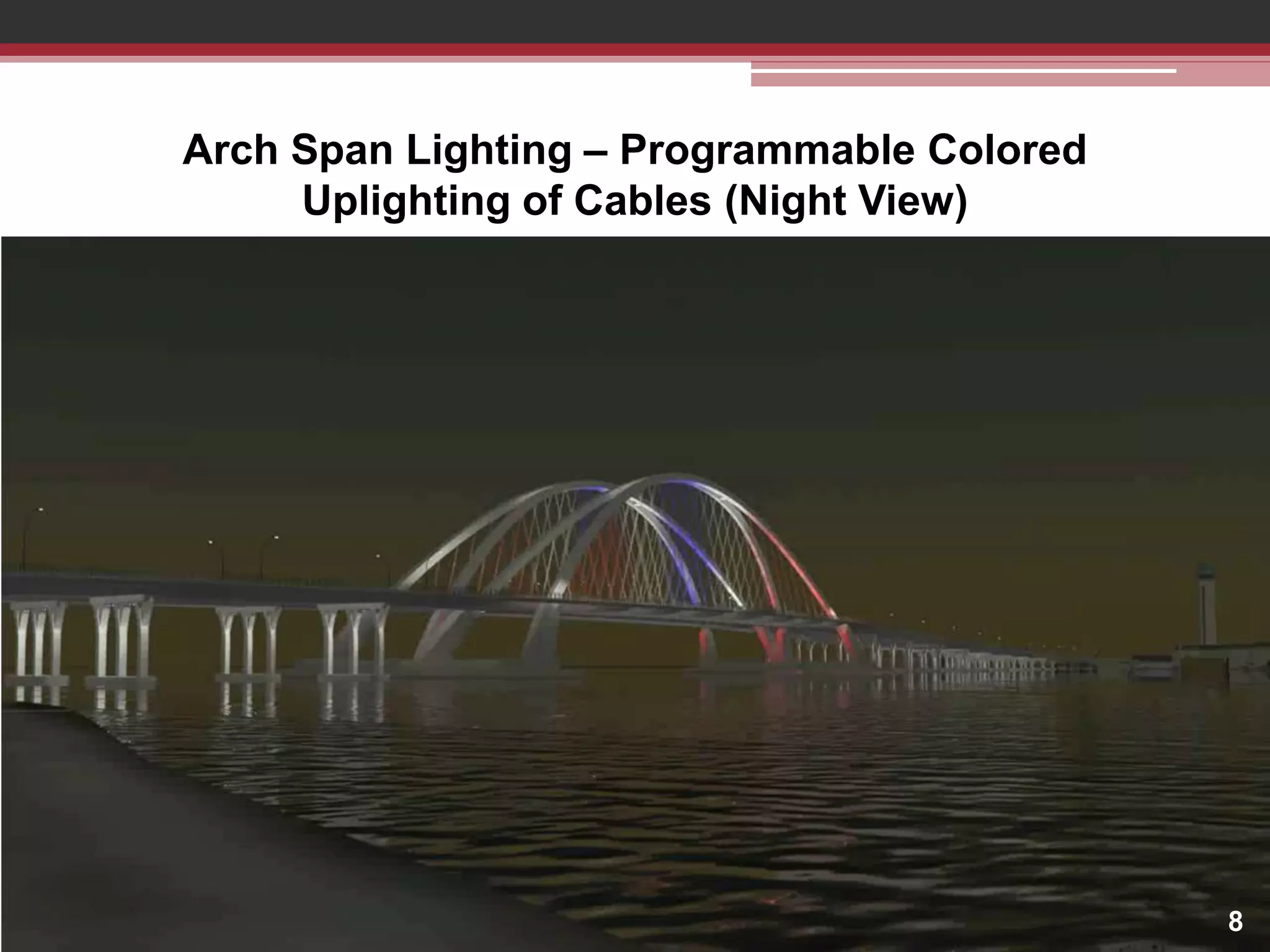 Arch Span Lighting – Programmable Colored
Uplighting of Cables (Night View)

8

 