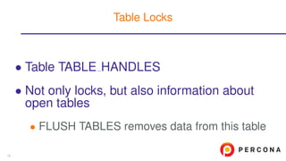 • Table TABLE HANDLES
• Not only locks, but also information about
open tables
• FLUSH TABLES removes data from this table
Table Locks
12
 
