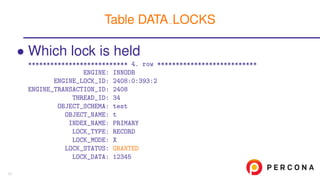 • Which lock is held
*************************** 4. row ***************************
ENGINE: INNODB
ENGINE_LOCK_ID: 2408:0:393:2
ENGINE_TRANSACTION_ID: 2408
THREAD_ID: 34
OBJECT_SCHEMA: test
OBJECT_NAME: t
INDEX_NAME: PRIMARY
LOCK_TYPE: RECORD
LOCK_MODE: X
LOCK_STATUS: GRANTED
LOCK_DATA: 12345
Table DATA LOCKS
17
 