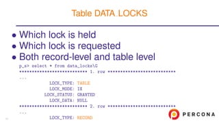 • Which lock is held
• Which lock is requested
• Both record-level and table level
p_s> select * from data_locksG
*************************** 1. row ***************************
...
LOCK_TYPE: TABLE
LOCK_MODE: IX
LOCK_STATUS: GRANTED
LOCK_DATA: NULL
*************************** 2. row ***************************
...
LOCK_TYPE: RECORD
Table DATA LOCKS
17
 