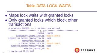 • Maps lock waits with granted locks
• Only granted locks which block other
transactions
p_s> select ENGINE, ... from data_lock_waitsG
*************************** 1. row ***************************
ENGINE: INNODB
REQUESTING_ENGINE_LOCK_ID: 2409:0:393:2
REQUESTING_ENGINE_TRANSACTION_ID: 2409
REQUESTING_THREAD_ID: 36
BLOCKING_ENGINE_LOCK_ID: 2408:0:393:2
BLOCKING_ENGINE_TRANSACTION_ID: 2408
BLOCKING_THREAD_ID: 34
1 row in set (0,01 sec)
Table DATA LOCK WAITS
18
 