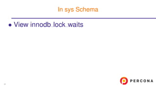 • View innodb lock waits
In sys Schema
20
 