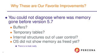 • You could not diagnose where was memory
gone before version 5.7
• Buffers?
• Temporary tables?
• Internal structures out of user control?
• OS did not show memory as freed yet?
There is no leak really
Why These are Our Favorite Improvements?
23
 