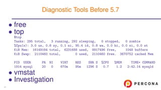 • free
• top
$top
Tasks: 295 total, 3 running, 292 sleeping, 0 stopped, 0 zombie
%Cpu(s): 3.0 us, 0.8 sy, 0.1 ni, 95.4 id, 0.8 wa, 0.0 hi, 0.0 si, 0.0 st
KiB Mem: 16149184 total, 6231688 used, 9917496 free, 1048 buffers
KiB Swap: 2110460 total, 0 used, 2110460 free. 3670752 cached Mem
PID USER PR NI VIRT RES SHR S %CPU %MEM TIME+ COMMAND
1914 mysql 20 0 670m 95m 1296 S 0.7 1.2 2:42.14 mysqld
• vmstat
• Investigation
Diagnostic Tools Before 5.7
24
 