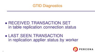• RECEIVED TRANSACTION SET
in table replication connection status
• LAST SEEN TRANSACTION
in replication applier status by worker
GTID Diagnostics
48
 