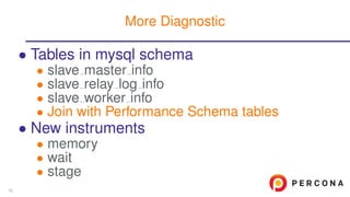 • Tables in mysql schema
• slave master info
• slave relay log info
• slave worker info
• Join with Performance Schema tables
• New instruments
• memory
• wait
• stage
More Diagnostic
50
 