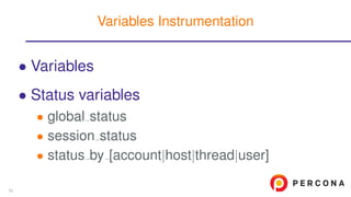 • Variables
• Status variables
• global status
• session status
• status by [account|host|thread|user]
Variables Instrumentation
53
 