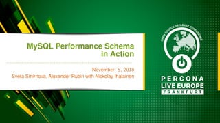 MySQL Performance Schema
in Action
November, 5, 2018
Sveta Smirnova, Alexander Rubin with Nickolay Ihalainen
 