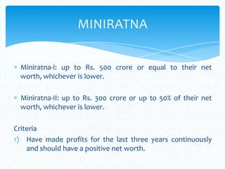 Miniratna-I: up to Rs. 500 crore or equal to their net
worth, whichever is lower.
Miniratna-II: up to Rs. 300 crore or up to 50% of their net
worth, whichever is lower.
Criteria
1) Have made profits for the last three years continuously
and should have a positive net worth.
MINIRATNA
 