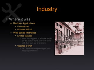 Industry Where it was Desktop Applications Full featured Updates difficult Web-based Interfaces Limited features Well, Java Applets or ActiveX helped  on the feature front…but both came  with their own set of problems Updates a cinch Or…semi-cinch depending on your language of choice 