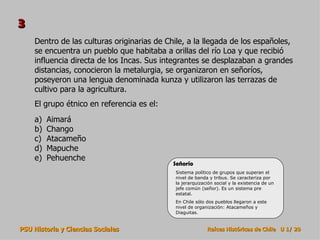 Dentro de las culturas originarias de Chile, a la llegada de los españoles, se encuentra un pueblo que habitaba a orillas del río Loa y que recibió influencia directa de los Incas. Sus integrantes se desplazaban a grandes distancias, conocieron la metalurgia, se organizaron en señoríos, poseyeron una lengua denominada kunza y utilizaron las terrazas de cultivo para la agricultura.  El grupo étnico en referencia es el: Aimará Chango Atacameño Mapuche Pehuenche 3 Sistema político de grupos que superan el nivel de banda y tribus. Se caracteriza por la jerarquización social y la existencia de un jefe común (señor). Es un sistema pre estatal. En Chile sólo dos pueblos llegaron a este nivel de organización: Atacameños y Diaguitas. Señorío 