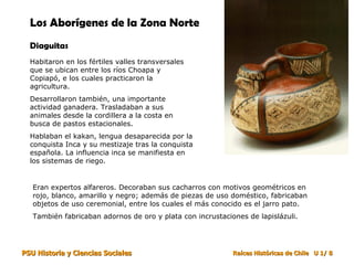 Los Aborígenes de la Zona Norte   Diaguitas Habitaron en los fértiles valles transversales que se ubican entre los ríos Choapa y Copiapó, e los cuales practicaron la agricultura. Desarrollaron también, una importante actividad ganadera. Trasladaban a sus animales desde la cordillera a la costa en busca de pastos estacionales. Hablaban el kakan, lengua desaparecida por la conquista Inca y su mestizaje tras la conquista española. La influencia inca se manifiesta en los sistemas de riego. Eran expertos alfareros. Decoraban sus cacharros con motivos geométricos en rojo, blanco, amarillo y negro; además de piezas de uso doméstico, fabricaban objetos de uso ceremonial, entre los cuales el más conocido es el jarro pato. También fabricaban adornos de oro y plata con incrustaciones de lapislázuli. 