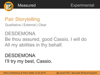 Measured Experimental
Pair Storytelling
Qualitative | External | Clear
DESDEMONA
Be thou assured, good Cassio, I will do
A...