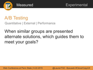 Measured Experimental
A/B Testing
When similar groups are presented
alternate solutions, which guides them to
meet your go...