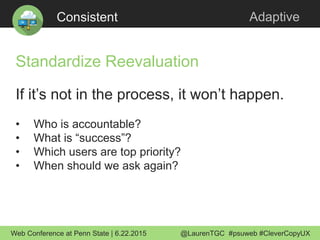 Consistent Adaptive
Standardize Reevaluation
If it’s not in the process, it won’t happen.
• Who is accountable?
• What is ...