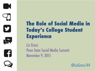 The Role of Social Media in
Today’s College Student
Experience
Liz Gross
Penn State Social Media Summit
November 9, 2015
@LizGross144
	
  
 
