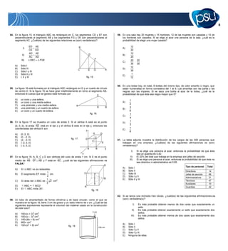 54. En la figura 15, el triángulo ABC es rectángulo en C, los segmentos CD y EF son                      59. En una sala hay 20 mujeres y 15 hombres, 12 de las mujeres son casadas y 10 de
    perpendiculares al segmento AB y los segmentos FG y DE son perpendiculares al                            los hombres son casados. Si se elige al azar una persona de la sala, ¿cuál es la
    segmento AC. ¿Cuál(es) de las siguientes relaciones es (son) verdadera(s)?                               probabilidad de elegir una mujer casada?

                   ED AE                                            B                                                12
            I)                                                                                               A)
                   CE ED                                                                                             22
                   AD AE                                                      D                                      12
           II)                                                                                               B)
                   AC AD                                                                                             20
          III)      DEC  FGE                                                          F                              20         22
                                                                                                             C)
                                                                                                                     35         35
    A)    Sólo I
                                                                                                                     12
    B)    Sólo III                                                  C                                A       D)
                                                                             E        G                              35
    C)    Sólo I y III
    D)    Sólo II y III                                                                                               1
                                                                                                             E)
    E)    I, II y III                                                       fig. 15                                  12


                                                                                                         60. En una bolsa hay, en total, 8 bolitas del mismo tipo, de color amarillo o negro, que
55. La figura 16 está formada por el triángulo ADC rectángulo en D y un cuarto de círculo                    están numeradas en forma correlativa del 1 al 8. Las amarillas son las pares y las
    de centro D. Si la figura 16 se hace girar indefinidamente en torno al segmento AB,                      negras son las impares. Si se saca una bolita al azar de la bolsa, ¿cuál es la
    entonces el cuerpo que se genera está formado por                                                        probabilidad de que ésta sea negra mayor que 5?
                                                                               C
    A)    un cono y una esfera.                                                                                    1
    B)    un cono y una media esfera.                                                                        A)
                                                                                                                   2
    C)    una pirámide y una media esfera.                      A
    D)    una pirámide y un cuarto de esfera.                                              D         B             3
                                                                                                             B)
    E)    un cono y un cuarto de esfera.                                                                           8
                                                                                 fig. 16                           1
                                                                                                             C)
                                                                                                                   4
56. En la figura 17 se muestra un cubo de arista 2. Si el vértice A está en el punto                               1
                                                                                                             D)
                                                                                                                   3
    (0, 0, 0), la arista AD está en el eje z y el vértice B está en el eje y, entonces las
    coordenadas del vértice E son                                                                                  1
                                                                       z                                     E)
                                                                                                                   8
    A) (0, 2, 0)                                                              H     G
    B) (0, 2, 0)                                                                C
                                                         fig. 17       D
    C) (2, 2, 0)                                                                                         61. La tabla adjunta muestra la distribución de los cargos de las 300 personas que
                                                                             F
    D) ( 2, 2, 0)                                                                    E                       trabajan en una empresa. ¿Cuál(es) de las siguientes afirmaciones es (son)
    E) ( 2, 0, 2)                                                                                            verdadera(s)?
                                                                         A      B       y
                                                                                                                     I)         Si se elige una persona al azar, entonces la probabilidad de que ésta
                                                                 x                                                              sea un guardia es 0,42.
57. En la figura 18, A, B, C y D son vértices del cubo de arista 1 cm. Si E es el punto                              II)        El 32% del total que trabaja en la empresa son jefes de sección.
    medio de AB , EF        AB y F está en BC , ¿cuál de las siguientes afirmaciones es                             III)        Si se elige una persona al azar, entonces la probabilidad de que ésta no
                                                                                                                                sea directivo ni administrativo es 0,85.
    FALSA?
                                                                                                 D                                                                           Tipo de personal    Total
                                                                                                             A)   Sólo I
    A)    El   ABC no es isósceles.
                                                                                                             B)   Sólo II                                                    Directivos           14
                                1                                       C                                    C)   Sólo III
    B)    El segmento EF mide     cm.                                                 F                                                                                      Jefes de sección     96
                                2                                                                            D)   Sólo I y II
                                                                                                 B                                                                           Administrativos      31
                               1                                                                             E)   Sólo II y III
    C)    El área del ABC es       2 cm2.                                                                                                                                    Técnicos             47
                               2                                                      E                                                                                      Auxiliares           70
    D)       ABC = BCD                                                  A                                                                                                    Guardias             42
    E)    El ABC mide 30 .
                                                                                  fig. 18

                                                                                                         62. Si se lanza una moneda tres veces, ¿cuál(es) de las siguientes afirmaciones es
58. Un tubo de alcantarillado de forma cilíndrica y de base circular, como el que se                         (son) verdadera(s)?
    muestra en la figura 19, tiene 3 cm de grosor y un radio interno de x cm. ¿Cuál de las
    siguientes expresiones representa el volumen del material usado en la construcción                                     I)    Es más probable obtener menos de dos caras que exactamente un
    de este tubo?                                                                                                                sello.
                                                                                                                       II)       Es más probable obtener exactamente un sello que exactamente dos
                                                                                   3 cm                                          sellos.
    A)    100    (x + 3)2 cm3
    B)    100    (x 3)2 cm3                                                                                           III)       Es más probable obtener menos de dos caras que exactamente dos
    C)    100    (6x + 9) cm3                                                                                                    sellos.
    D)    900     cm3
                                                                                                             A)   Sólo I
    E)    100    (x2 + 9) cm3                         fig. 19
                                                                                            100 cm           B)   Sólo II
                                                                                                             C)   Sólo I y II
                                                                                                             D)   Sólo I y III
                                                                                                             E)   Ninguna de ellas.
 