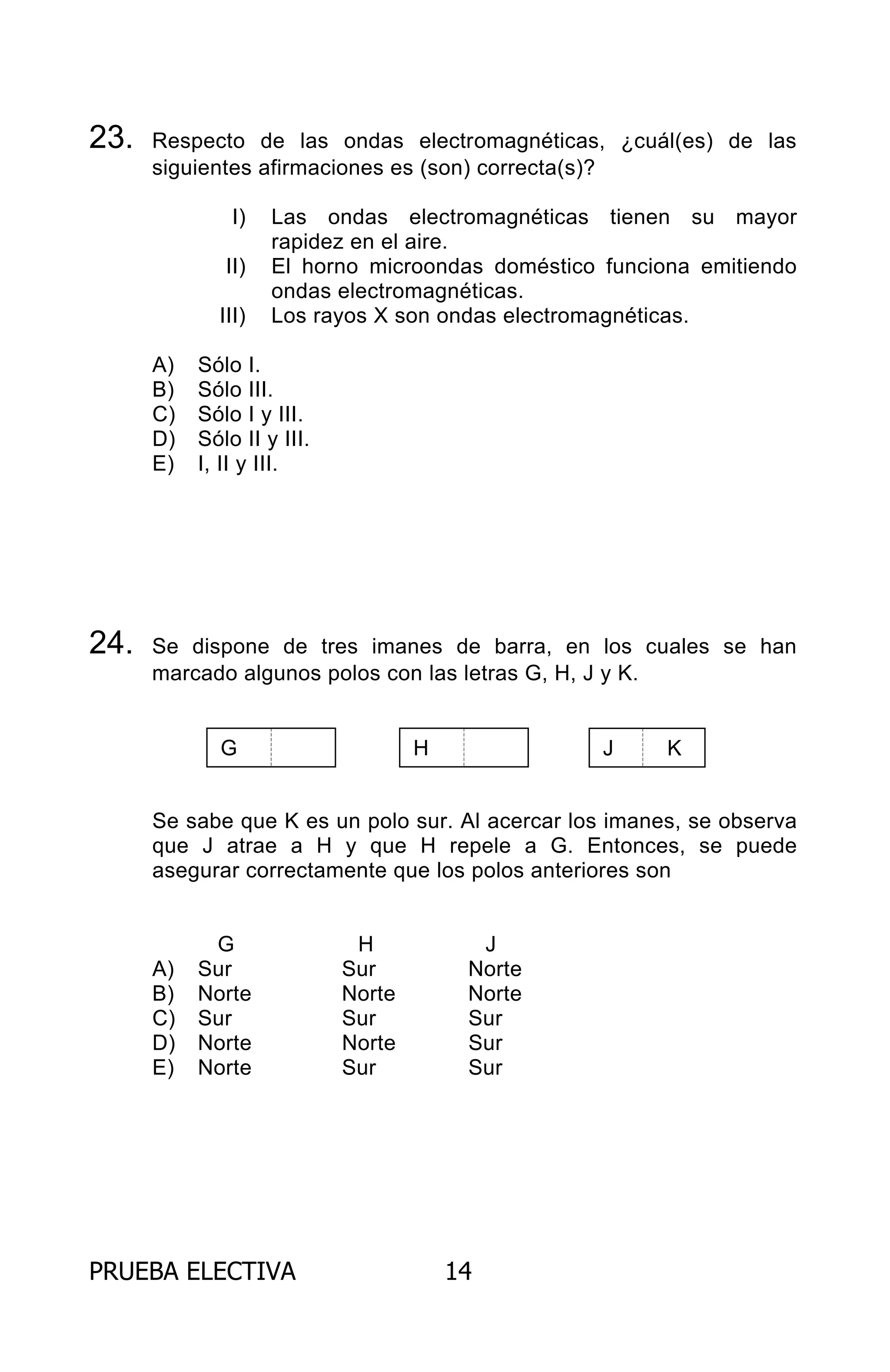 PRUEBA ELECTIVA 14
23. Respecto de las ondas electromagnéticas, ¿cuál(es) de las
siguientes afirmaciones es (son) correcta(s)?
I) Las ondas electromagnéticas tienen su mayor
rapidez en el aire.
II) El horno microondas doméstico funciona emitiendo
ondas electromagnéticas.
III) Los rayos X son ondas electromagnéticas.
A) Sólo I.
B) Sólo III.
C) Sólo I y III.
D) Sólo II y III.
E) I, II y III.
24. Se dispone de tres imanes de barra, en los cuales se han
marcado algunos polos con las letras G, H, J y K.
Se sabe que K es un polo sur. Al acercar los imanes, se observa
que J atrae a H y que H repele a G. Entonces, se puede
asegurar correctamente que los polos anteriores son
G H J
A) Sur Sur Norte
B) Norte Norte Norte
C) Sur Sur Sur
D) Norte Norte Sur
E) Norte Sur Sur
G H J K
ARCHIVOS.indd 14 02-06-2008 19:15:39
 