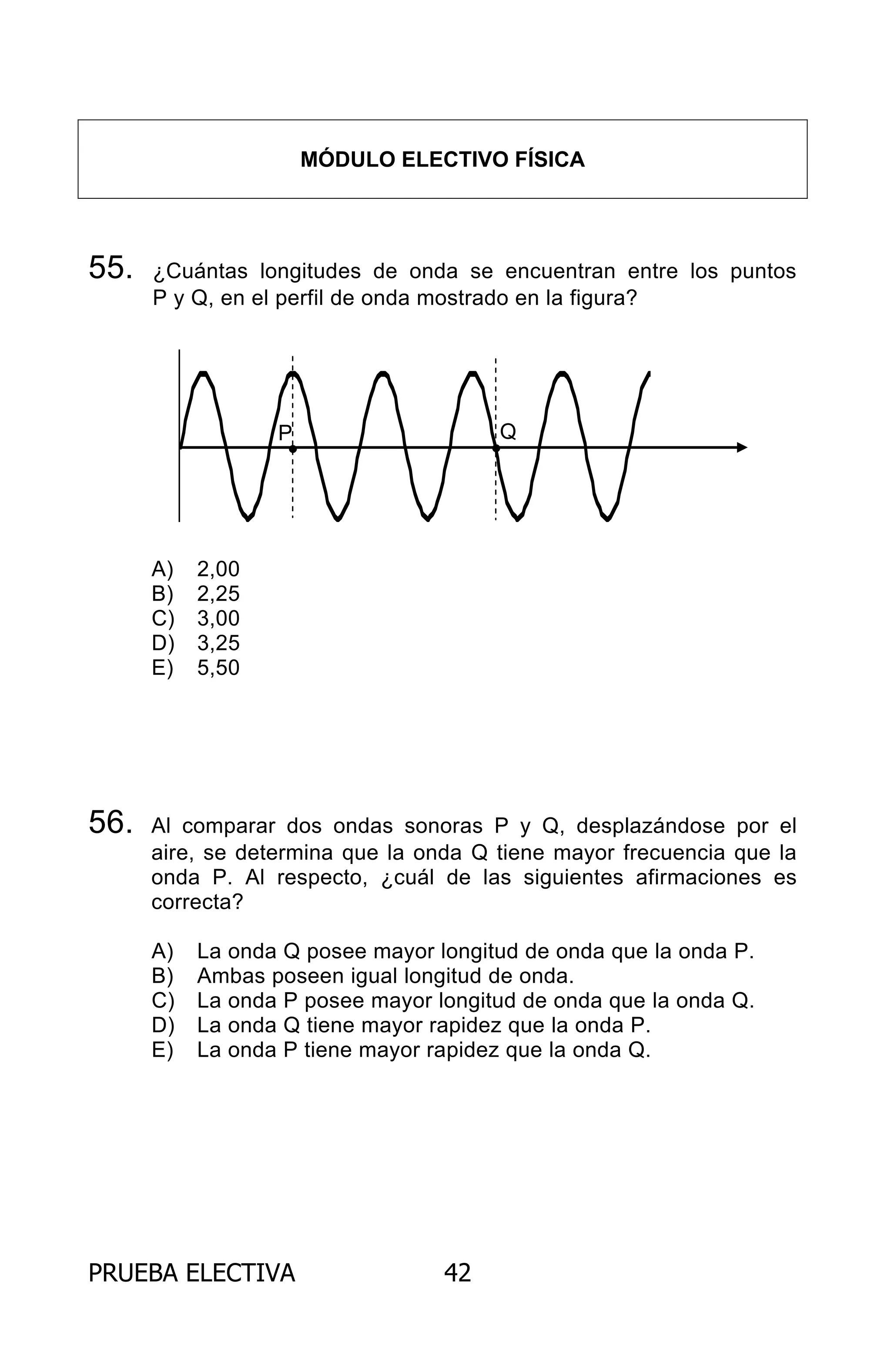 PRUEBA ELECTIVA 42
MÓDULO ELECTIVO FÍSICA
55. ¿Cuántas longitudes de onda se encuentran entre los puntos
P y Q, en el perfil de onda mostrado en la figura?
A) 2,00
B) 2,25
C) 3,00
D) 3,25
E) 5,50
56. Al comparar dos ondas sonoras P y Q, desplazándose por el
aire, se determina que la onda Q tiene mayor frecuencia que la
onda P. Al respecto, ¿cuál de las siguientes afirmaciones es
correcta?
A) La onda Q posee mayor longitud de onda que la onda P.
B) Ambas poseen igual longitud de onda.
C) La onda P posee mayor longitud de onda que la onda Q.
D) La onda Q tiene mayor rapidez que la onda P.
E) La onda P tiene mayor rapidez que la onda Q.
QP
• •
ARCHIVOS.indd 42 02-06-2008 19:15:45
 