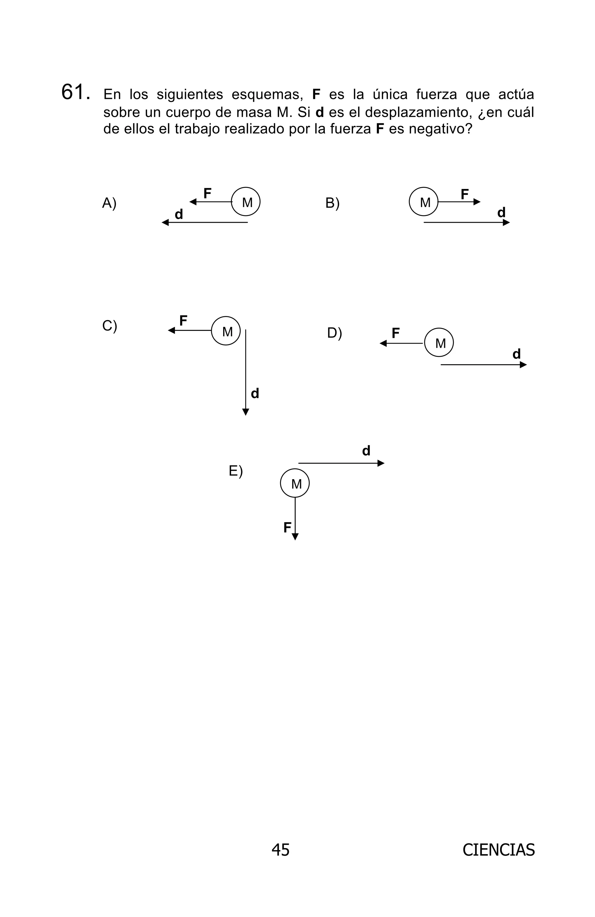 45 CIENCIAS
61. En los siguientes esquemas, F es la única fuerza que actúa
sobre un cuerpo de masa M. Si d es el desplazamiento, ¿en cuál
de ellos el trabajo realizado por la fuerza F es negativo?
M
F
d
A) M
F
d
B)
M
F
d
C)
M
F
d
D)
M
F
d
E)
ARCHIVOS.indd 45 02-06-2008 19:15:45
 