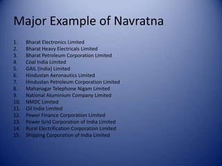 MaharatnaGovt. Conferred MAHARATNA Status  on 16th Nov 2010 to 4 PSU’sAllows the PSU’s to raise its Investment Ceiling from `1000 to `5000 cr.Gives the PSU Autonomy to decide on investments up to 15% of their net worth in a projectExamples:Indian Oil CorporationNTPC Ltd.Oil & Natural Gas CorporationSteel Authority of India Ltd.