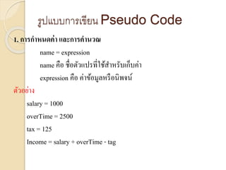 รูปแบบการเขียน Pseudo Code
1. การกาหนดค่า และการคานวณ
name = expression
name คือ ชื่อตัวแปรที่ใช้สำหรับเก็บค่ำ
expression คือ ค่ำข้อมูลหรือนิพจน์
ตัวอย่ำง
salary = 1000
overTime = 2500
tax = 125
Income = salary + overTime - tag
 