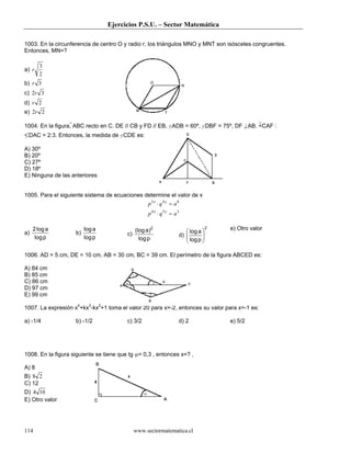 Ejercicios P.S.U. – Sector Matemática
www.sectormatematica.cl114
1003. En la circunferencia de centro O y radio r, los triángulos MNO y MNT son isósceles congruentes.
Entonces, MN=?
a)
2
3
r
b) 3r
c) 32r
d) 2r
e) 22r
1004. En la figura, ABC recto en C. DE // CB y FD // EB, <ADB = 60º, <DBF = 75º, DF ⊥AB. <CAF :
<DAC = 2:3. Entonces, la medida de <CDE es:
A) 30º
B) 20º
C) 27º
D) 18º
E) Ninguna de las anteriores
1005. Para el siguiente sistema de ecuaciones determine el valor de x
354
645
aqp
aqp
yx
yx
=⋅
=⋅
a)
plog
alog2
b)
plog
alog
c)
plog
)a(log 2
d)
2
plog
alog





 e) Otro valor
1006. AD = 5 cm, DE = 10 cm, AB = 30 cm, BC = 39 cm. El perímetro de la figura ABCED es:
A) 84 cm
B) 85 cm
C) 86 cm
D) 97 cm
E) 99 cm
1007. La expresión x4
+kx3
-kx2
+1 toma el valor 20 para x=-2, entonces su valor para x=-1 es:
a) -1/4 b) -1/2 c) 3/2 d) 2 e) 5/2
1008. En la figura siguiente se tiene que tg α= 0,3 , entonces x=? ,
A) 8
B) 28
C) 12
D) 104
E) Otro valor
 