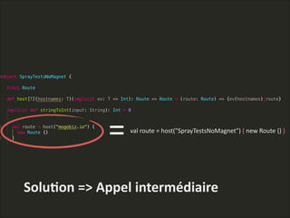 val  route  =  host("SprayTestsNoMagnet")  (  new  Route  {}  )  
=
Solu>on  =>  Appel  intermédiaire
 