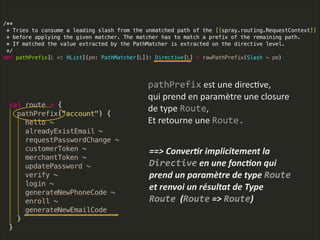 pathPrefix  est  une  direcLve,  
qui  prend  en  paramètre  une  closure  
de  type  Route,  
Et  retourne  une  Route.
==>  Conver1r  implicitement  la  
Directive  en  une  fonc1on  qui  
prend  un  paramètre  de  type  Route  
et  renvoi  un  résultat  de  Type  
Route    (Route  =>  Route)
 