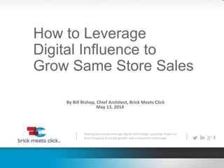 Helping businesses leverage digital technology's growing impact on
food shopping to create growth and competitive advantage.
How to Leverage
Digital Influence to
Grow Same Store Sales
By Bill Bishop, Chief Architect, Brick Meets Click
May 13, 2014
 