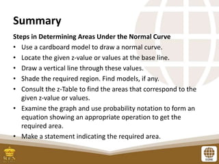 Summary
Steps in Determining Areas Under the Normal Curve
• Use a cardboard model to draw a normal curve.
• Locate the given z-value or values at the base line.
• Draw a vertical line through these values.
• Shade the required region. Find models, if any.
• Consult the z-Table to find the areas that correspond to the
given z-value or values.
• Examine the graph and use probability notation to form an
equation showing an appropriate operation to get the
required area.
• Make a statement indicating the required area.
 