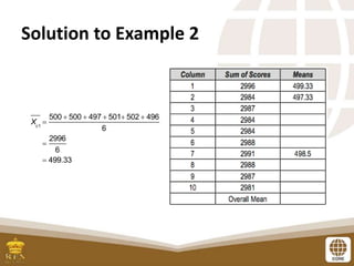Solution to Example 2
Xc1

500  500  497  501 502  496
6

2996
6
 499.33
 