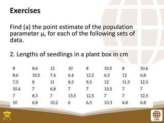 Exercises
Find (a) the point estimate of the population
parameter μ, for each of the following sets of
data.
2. Lengths of seedlings in a plant box in cm
 