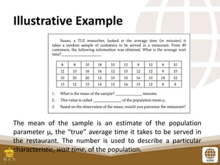 Illustrative Example
The mean of the sample is an estimate of the population
parameter μ, the “true” average time it takes to be served in
the restaurant. The number is used to describe a particular
characteristic, wait time, of the population.
 