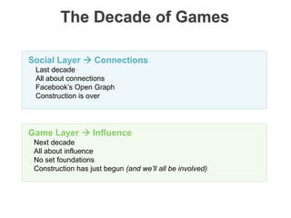 The Decade of GamesSocial Layer  ConnectionsLast decadeAll about connectionsFacebook’s Open GraphConstruction is overGame Layer  InfluenceNext decadeAll about influenceNo set foundationsConstruction has just begun (and we’ll all be involved)