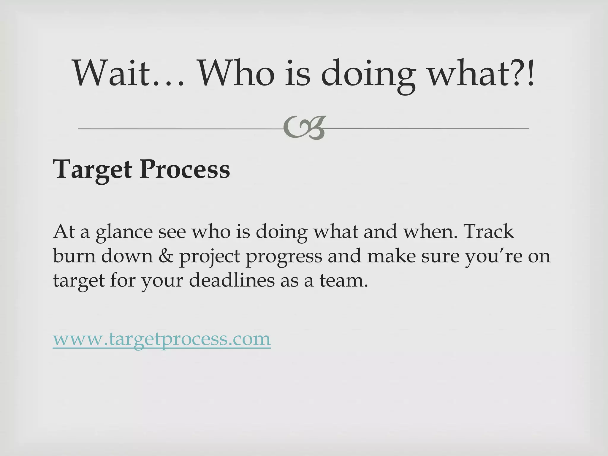 
Target Process
At a glance see who is doing what and when. Track
burn down & project progress and make sure you’re on
target for your deadlines as a team.
www.targetprocess.com
Wait… Who is doing what?!
 