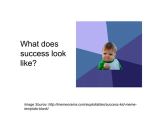 What does
success look
like?



 Image Source: http://memeorama.com/exploitables/success-kid-meme-
 template-blank/
 