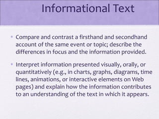 Informational Text

• Compare and contrast a firsthand and secondhand
  account of the same event or topic; describe the
  differences in focus and the information provided.
• Interpret information presented visually, orally, or
  quantitatively (e.g., in charts, graphs, diagrams, time
  lines, animations, or interactive elements on Web
  pages) and explain how the information contributes
  to an understanding of the text in which it appears.
 