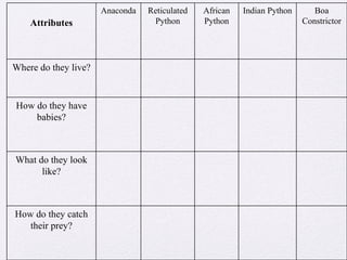 Anaconda   Reticulated   African   Indian Python      Boa
    Attributes                    Python       Python                    Constrictor




Where do they live?


How do they have
    babies?



What do they look
      like?



How do they catch
   their prey?
 