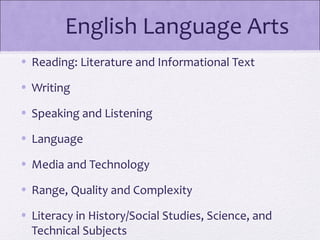 English Language Arts
• Reading: Literature and Informational Text

• Writing

• Speaking and Listening

• Language

• Media and Technology

• Range, Quality and Complexity

• Literacy in History/Social Studies, Science, and
  Technical Subjects
 