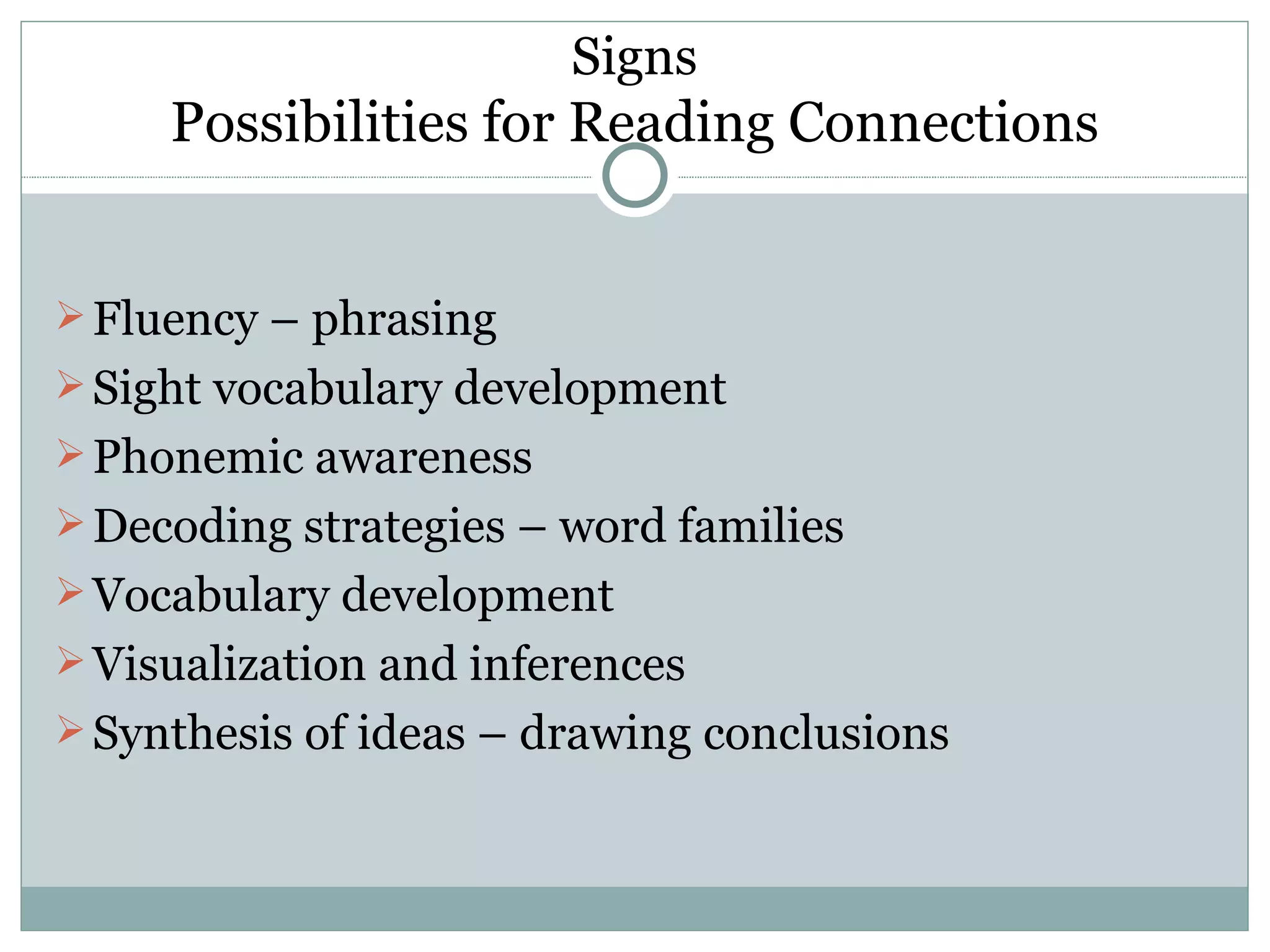 Signs
     Possibilities for Reading Connections


 Fluency – phrasing
 Sight vocabulary development
 Phonemic awareness
 Decoding strategies – word families
 Vocabulary development
 Visualization and inferences
 Synthesis of ideas – drawing conclusions
 