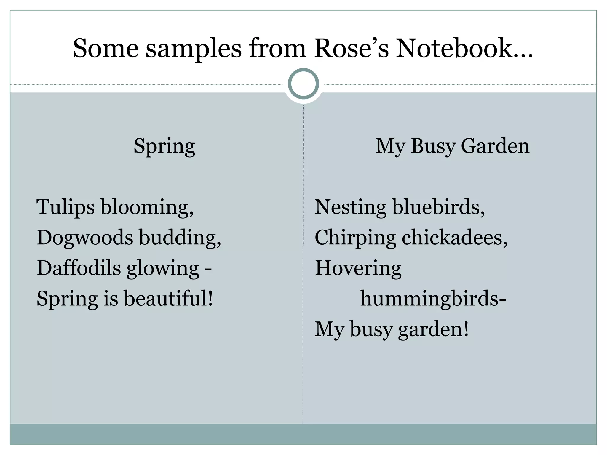 Some samples from Rose’s Notebook…


          Spring             My Busy Garden

Tulips blooming,       Nesting bluebirds,
Dogwoods budding,      Chirping chickadees,
Daffodils glowing -    Hovering
Spring is beautiful!       hummingbirds-
                       My busy garden!
 
