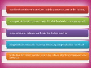 membiasakan diri membuat rekaan seni dengan teratur, cermat dan selamat,



memupuk nilai-nilai kerjasama, yakin diri, disiplin diri dan bertanggungjawab



mengenal dan menghargai tokoh seni dan budaya tanah air



menggunakan kemudahan teknologi dalam kegiatan penghasilan seni visual



melibatkan diri dalam kegiatan seni visual sebagai aktiviti kesenggangan yang
berfaedah
 