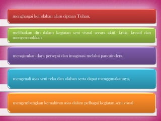menghargai keindahan alam ciptaan Tuhan,


melibatkan diri dalam kegiatan seni visual secara aktif, kritis, kreatif dan
menyeronokkan



menajamkan daya persepsi dan imaginasi melalui pancaindera,




mengenali asas seni reka dan olahan serta dapat menggunakannya,




mengembangkan kemahiran asas dalam pelbagai kegiatan seni visual
 