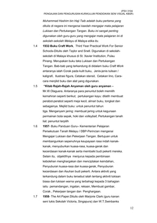 (PSV 3104
PENGAJIAN DAN PENGURUSAN KURIKULUM PENDIDIKAN SENI VISUAL KBSR)
Muhammad Hashim bin Haji Taib adalah buku pertama yang
ditulis di negara ini mengenai kaedah mengajar mata pelajaran
Lukisan dan Pertukangan Tangan. Buku ini sangat penting
digunakan oleh guru-guru yang mengajar mata pelajaran ini di
sekolah-sekolah Melayu di Malaya etika itu.
1.4 1932-Buku Craft Work, Third Year Practical Work For Senior
Schools-Ditulis oleh Taylor and Snell. Digunakan di sekolah-
sekolah di Malaya khusus di St. Xavier Institution, Pulau
Pinang. Merupakan buku teks Lukisan dan Pertukangan
Tangan. Bab-bab yang terkandung di didalam buku Craft Work
antaranya ialah Corak pada kulit buku, Jenis-jenis tulisan /
kaligrafi, Ilustrasi figura, Cetakan stensil, Cetakan lino, Cara-
cara menjilid buku dan alat yang digunakan.
1.5 “Kitab Rajah-Rajah Anyaman oleh guru anyaman –
Mr.W.Olaguera. Antaranya para penuntut boleh memilih
kemahiran seperti berikut; pertukangan kayu: dilatih membuat
perabot-perabot seperti meja kecil, almari buku, tongkat dan
sebagainya. Mejilid buku: untuk penuntut tahun
tiga. Menganyam jaring: membuat jaring untuk kegunaan
permainan bola sepak, hoki dan volleyball, Pertukangan tanah
liat: penuntut terpilih
1.6 1957- Buku Panduan Guru– Kementerian Pelajaran
Persekutuan Tanah Melayu / DBP-Perincian mengenai
Mengajar Lukisan dan Pekerjaan Tangan. Bertujuan untuk
membangunkan sepenuhnya keupayaan rasa indah kanak-
kanak, menyuburkan kuasa-rasa, kuasa-gerak dan
kecerdasan kanak-kanak serta membaiki budi pekerti mereka.
Selain itu, objektifnya menjurus kepada pembinaan
kebolehan menghargakan dan menciptakan keindahan,
Penyuburan kuasa-rasa dan kuasa-gerak, Penyuburan
kecerdasan dan Asuhan budi pekerti. Antara aktiviti yang
terkandung dalam buku tersebut ialah tentang aktiviti lukisan
biasa dan lukisan warna yang terbahagi kepada 3 bahagian
iaitu pemandangan, ingatan, rekaan, Membuat gambar,
Corak , Pekerjaan tangan dan Penghargaan.
1.7 1958- The Art Paper.Ditulis oleh Marjorie Clark (guru kanan
seni lukis Sekolah Victoria, Singapura) dan W.T.Swinbanks
12
 