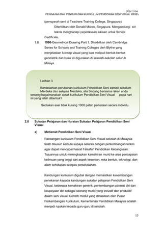 (PSV 3104
PENGAJIAN DAN PENGURUSAN KURIKULUM PENDIDIKAN SENI VISUAL KBSR)
(pensyarah seni di Teachers Training College, Singapura).
Diterbitkan oleh Donald Moore, Singapura. Mengandungi siri
teknik menghadapi peperiksaan lukisan untuk School
Certificate.
1.8 1990-Geometrical Drawing Part 1. Diterbitkan oleh Cambridge
Series for Schools and Training Colleges oleh Blythe yang
menjelaskan konsep visual yang luas meliputi bentuk-bentuk
geometrik dan buku ini digunakan di sekolah-sekolah seluruh
Malaya.
2.0 Sukatan Pelajaran dan Huraian Sukatan Pelajaran Pendidikan Seni
Visual
a) Matlamat Pendidikan Seni Visual
Rancangan kurikulum Pendidikan Seni Visual sekolah di Malaysia
telah disusun semula supaya selaras dengan perkembangan terkini
agar dapat mencapai hasrat Falsafah Pendidikan Kebangsaan.
Tujuannya untuk melengkapkan kamahiran murid ke aras pencapaian
keilmuan yang tinggi dari aspek kesenian, reka bentuk, teknologi, dan
alam kehidupan selepas persekolahan.
Kandungan kurikulum digubal dengan memastikan keseimbangan
penekanan kepada kandungan sukatan pelajaran Pendidikan Seni
Visual, beberapa kemahiran generik, perkembangan potensi diri dan
keupayaan diri sebagai seorang murid yang inovatif dan produktif
dalam seni visual. Contoh modul yang dihasilkan oleh Pusat
Perkembangan Kurikulum, Kementerian Pendidikan Malaysia adalah
menjadi rujukan kepada guru-guru di sekolah.
13
Latihan 3
Berdasarkan perubahan kurikulum Pendidikan Seni zaman sebelum
Merdeka dan selepas Merdeka, sila bincang bersama rakan anda
tentang bagaimanakah corak kurikulum Pendidikan Seni Visual pada hari
ini yang telah dibentuk?
Sediakan esei tidak kurang 1000 patah perkataan secara individu.
Latihan 3
Berdasarkan perubahan kurikulum Pendidikan Seni zaman sebelum
Merdeka dan selepas Merdeka, sila bincang bersama rakan anda
tentang bagaimanakah corak kurikulum Pendidikan Seni Visual pada hari
ini yang telah dibentuk?
Sediakan esei tidak kurang 1000 patah perkataan secara individu.
 